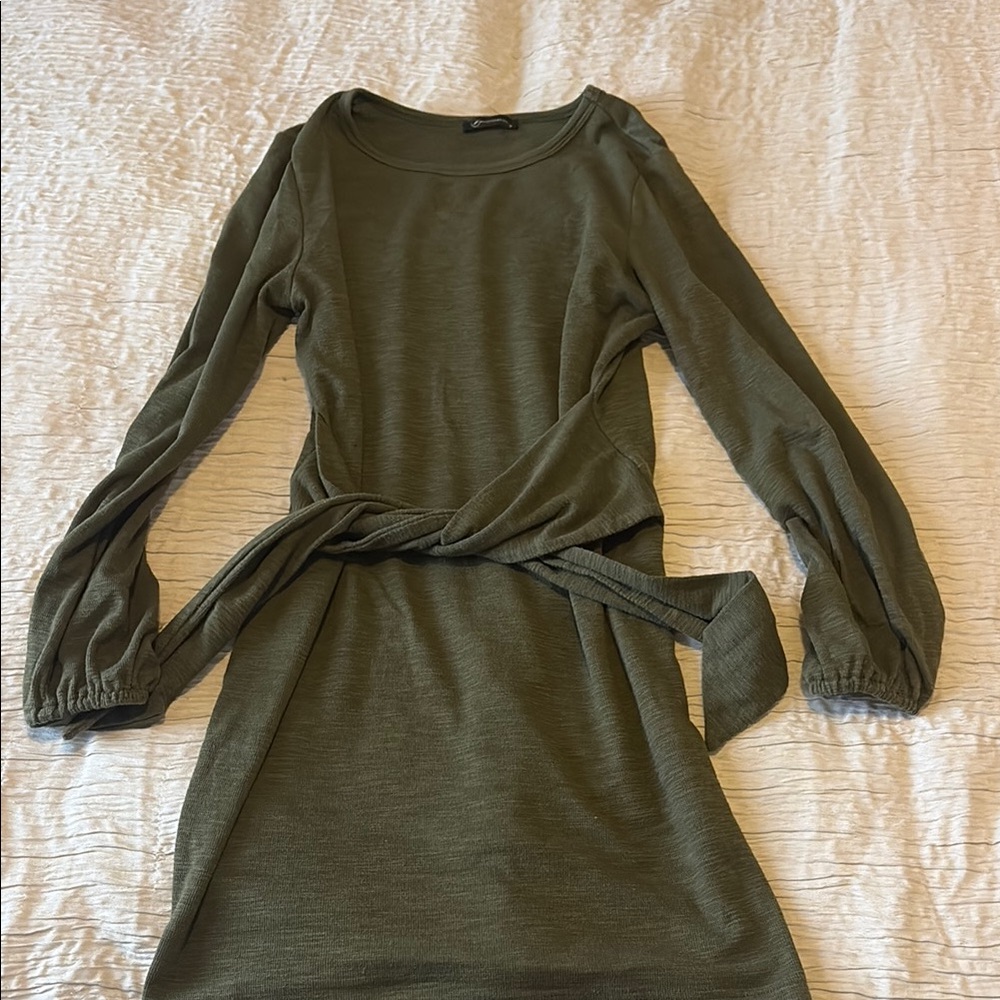 Green Tie Front Wrap Dress with Bishop Sleeves